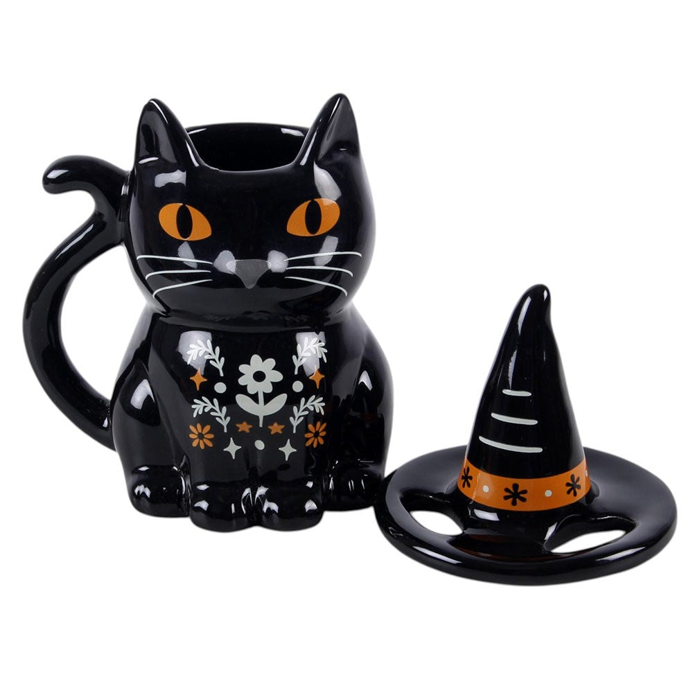 Black Cat with Hexen Tasse Katze mit Deckel "Folk Cat with Witch Hat"