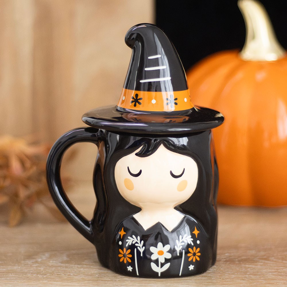 Halloween Keramik Tasse mit Deckel "Kleine Hexe" vintage Style