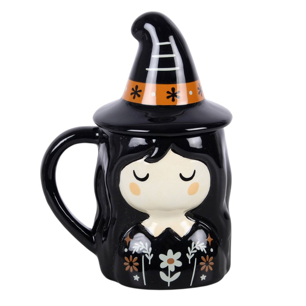 Halloween Keramik Tasse mit Deckel "Kleine Hexe" vintage Style