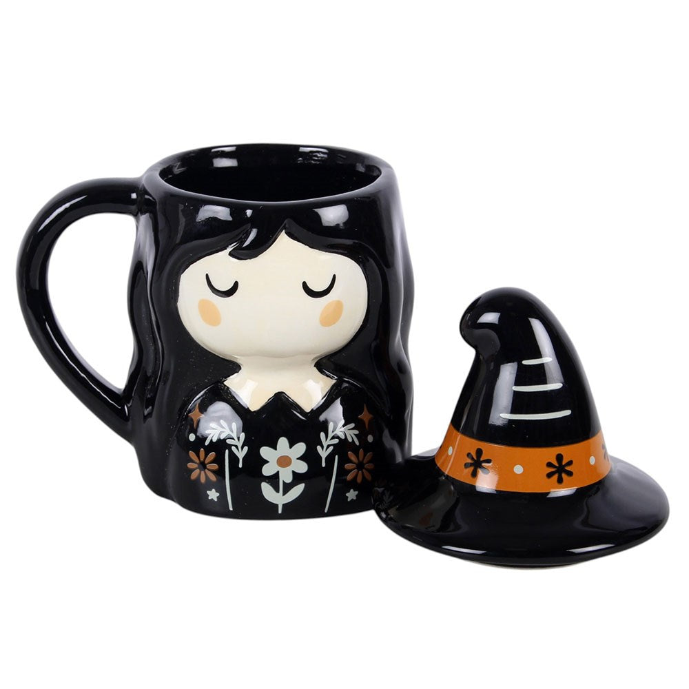 Halloween Keramik Tasse mit Deckel "Kleine Hexe" vintage Style
