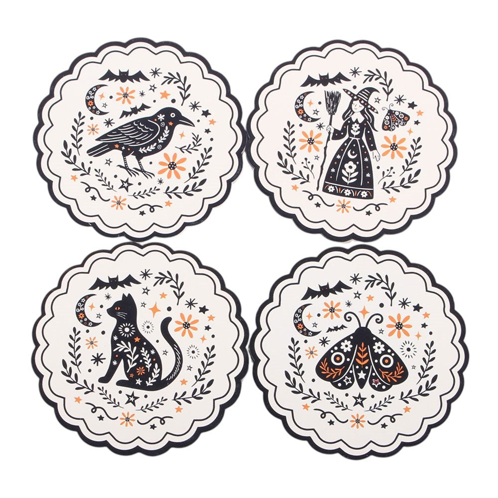 Frightful Folk MDF Untersetzer 4er-Set – Krähe, Hexe, Katze & Motte