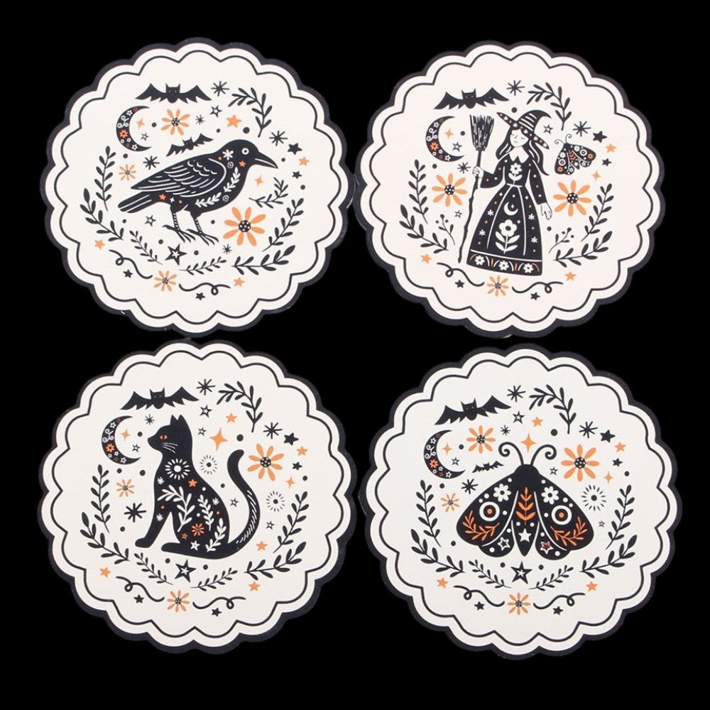 Frightful Folk MDF Untersetzer 4er-Set – Krähe, Hexe, Katze & Motte
