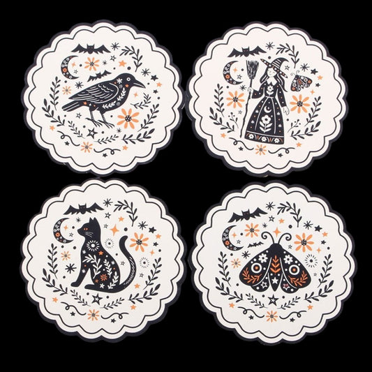 Frightful Folk MDF Untersetzer 4er-Set – Krähe, Hexe, Katze & Motte