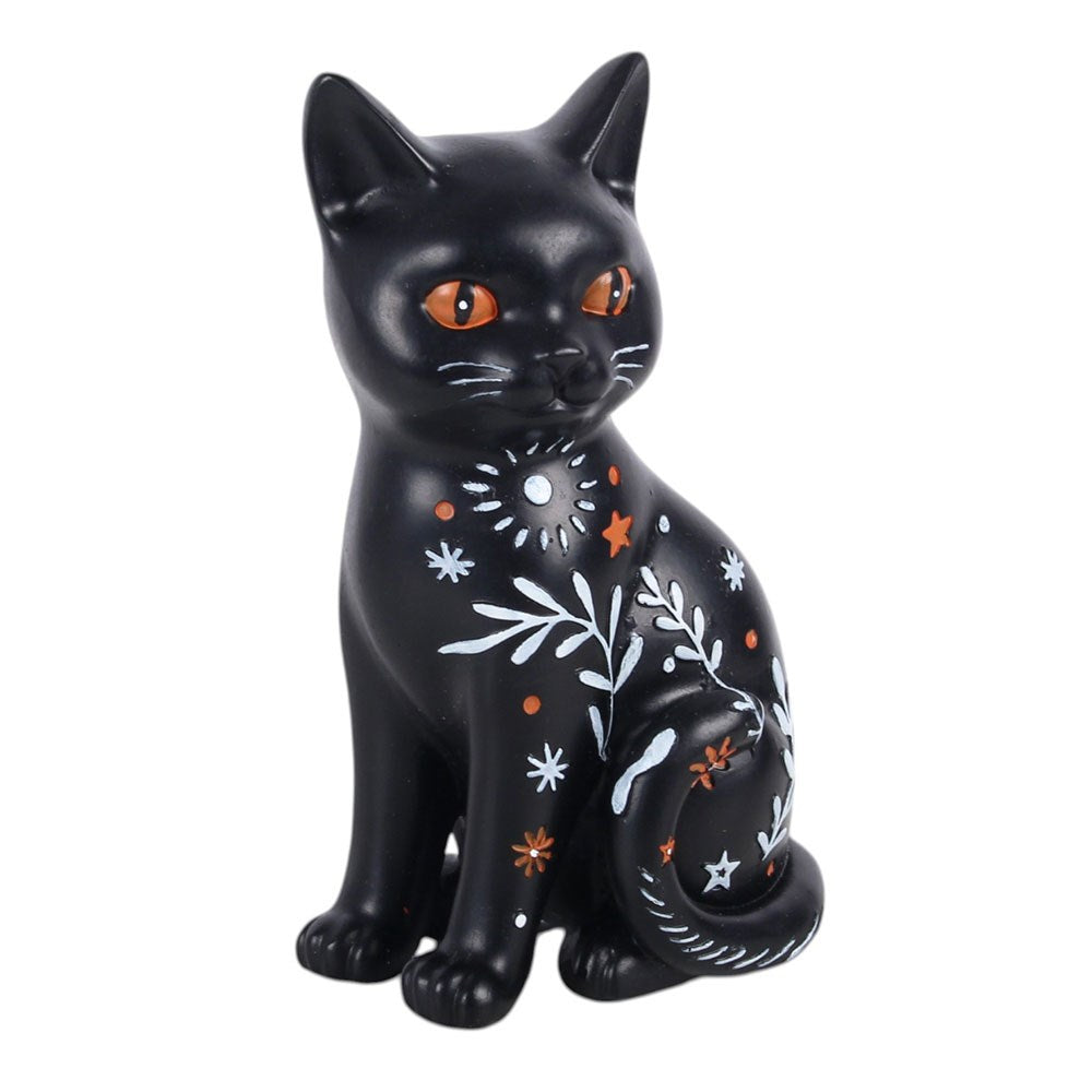 Witchy Celestial Black Cat Figurine – Schwarze Katzenfigur mit Blumenmuster