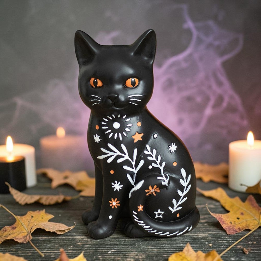 Witchy Celestial Black Cat Figurine – Schwarze Katzenfigur mit Blumenmuster