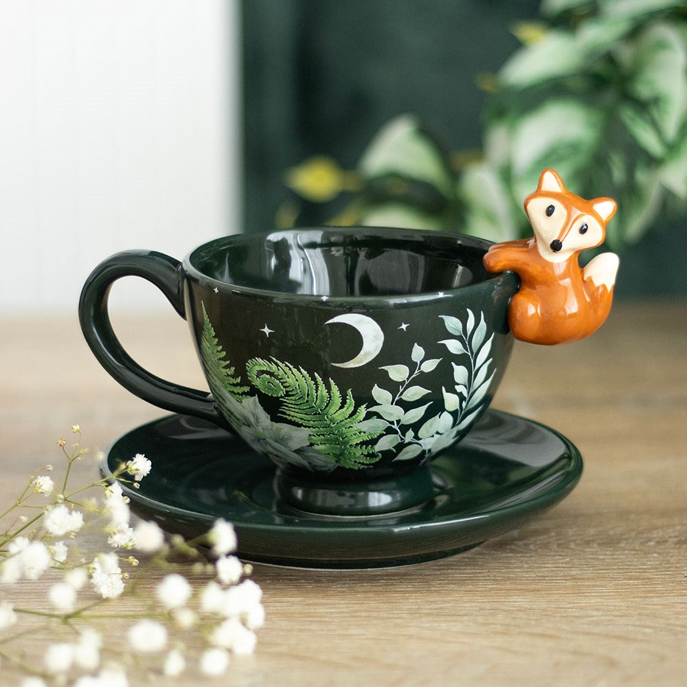 Vintage Tasse mit Untertasse Waldmuster und kleinem Fuchs