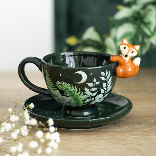 Vintage Tasse mit Untertasse Waldmuster und kleinem Fuchs