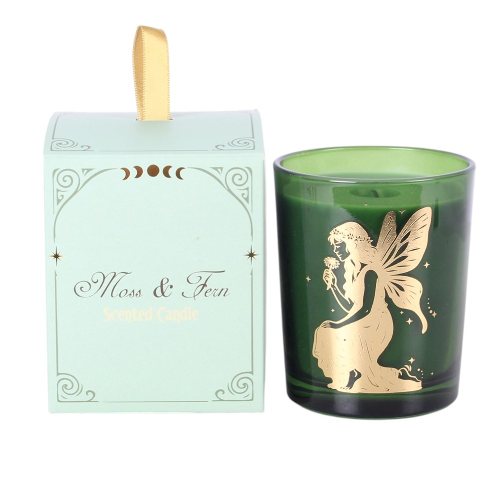 Duftkerze Fairy „Moss & Fern“ mit goldener Fee im grünen Glas Witchy