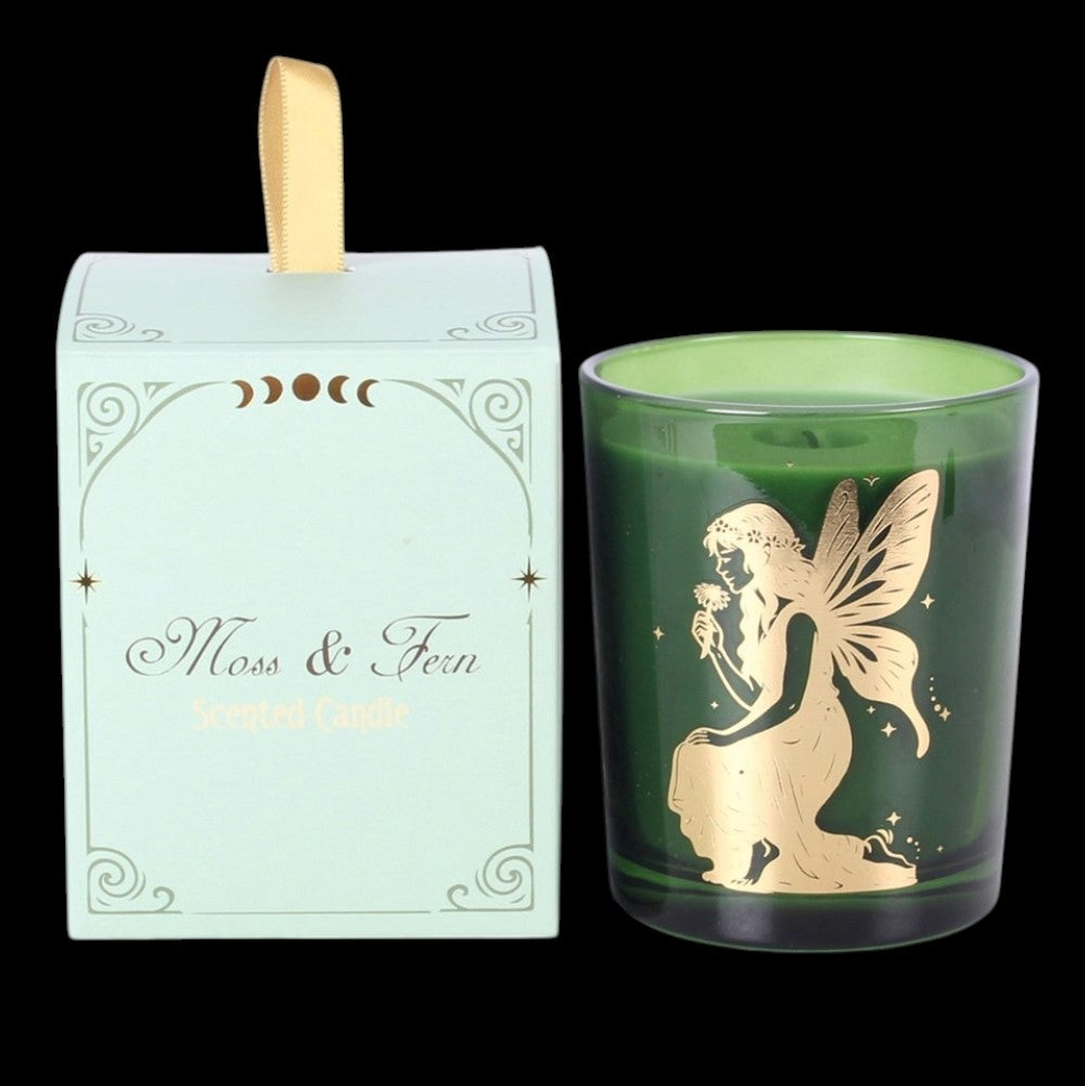 Duftkerze Fairy „Moss & Fern“ mit goldener Fee im grünen Glas Witchy