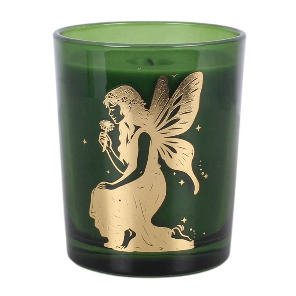 Duftkerze Fairy „Moss & Fern“ mit goldener Fee im grünen Glas Witchy