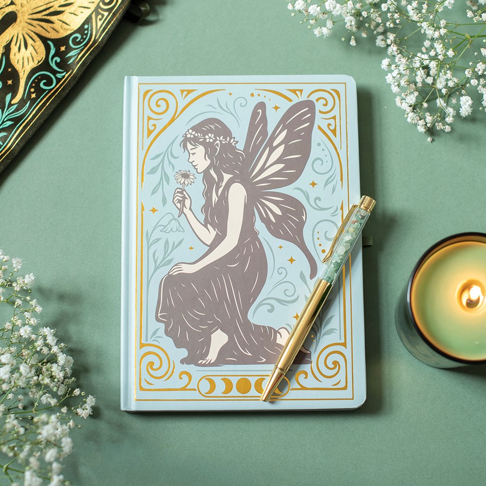 Fairy Journal Frontansicht mit Mondphasen und Aventurin-Stift