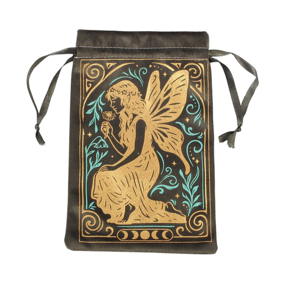 Fairy Samtbeutel Frontansicht mit Mondphasen und goldenem Fairy-Motiv