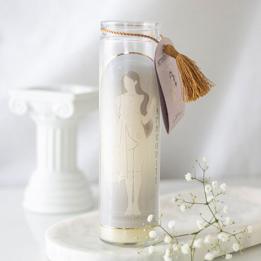 Aphrodite Goddess Kerze im Glas  mit Rosenquarzkristallen