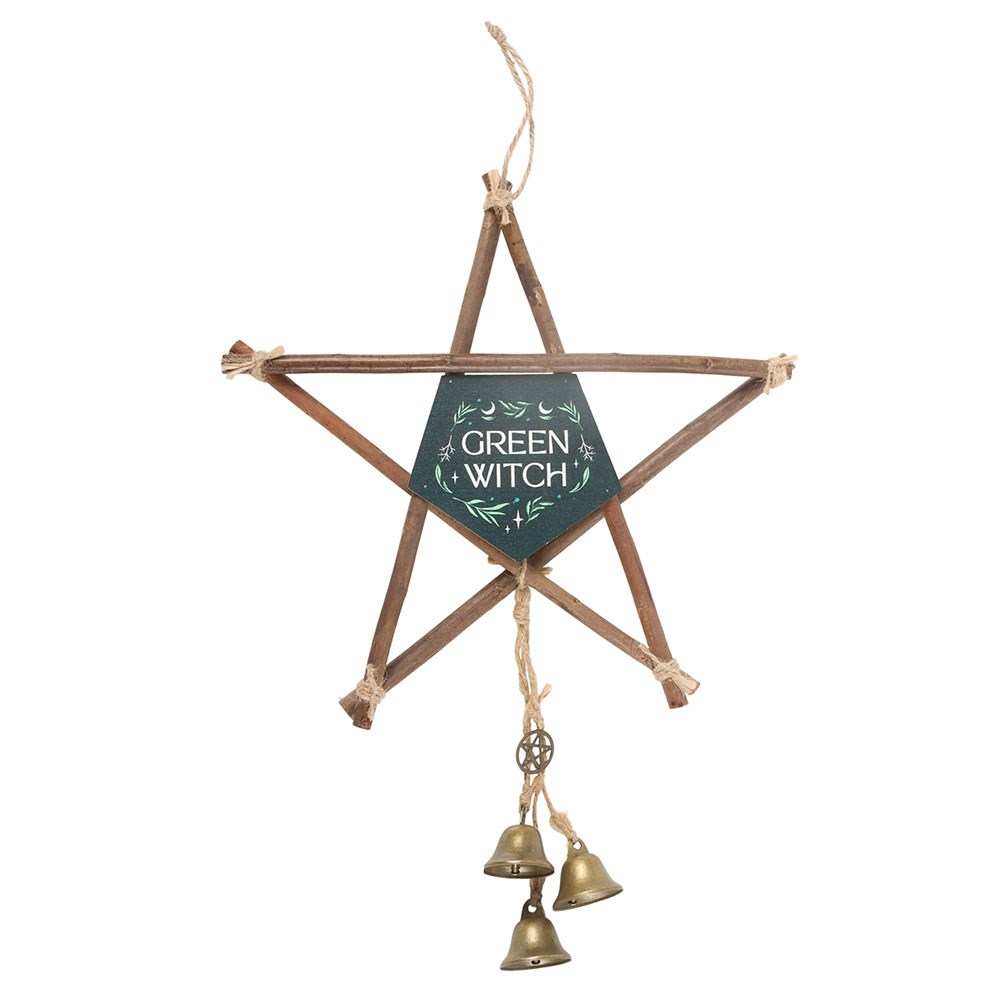 "Green Witch" Gothic Wanddeko Pentagramm aus Holz mit Glöckchen