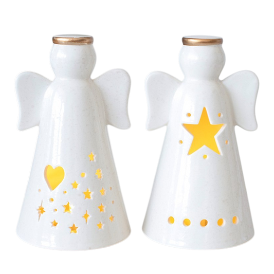 Festliches Engel Dekolicht 2er-Set Keramik – Herz & Stern LED