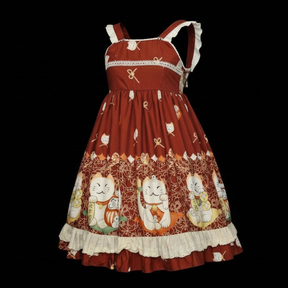 Kawaii Lolita Kleid Glückskatze - Maneki Neko Lucky Cat Gr. M in Rot