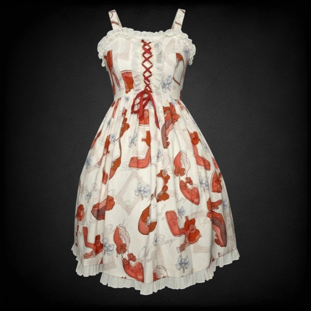 Sweet Lolita Kleid JSK – „Red Slippers & Vintage Frames“ rot-weiß