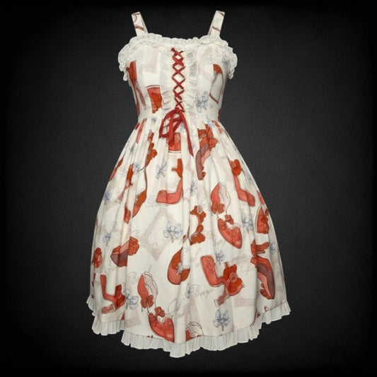 Sweet Lolita Kleid JSK – „Red Slippers & Vintage Frames“ rot-weiß