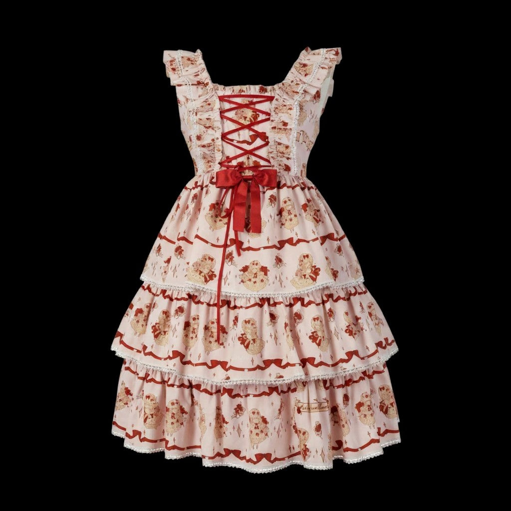 Kawaii Sweet Lolita Stufen-JSK – „Bärchen & Schleifen“-Print Gr. L