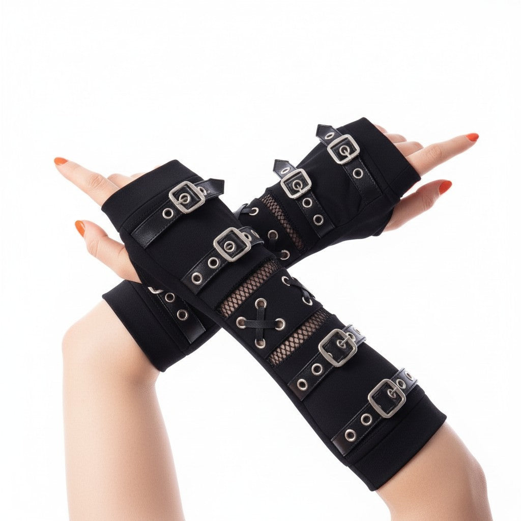 Gothic Armstulpen mit Schnallen & Netz – Schwarz