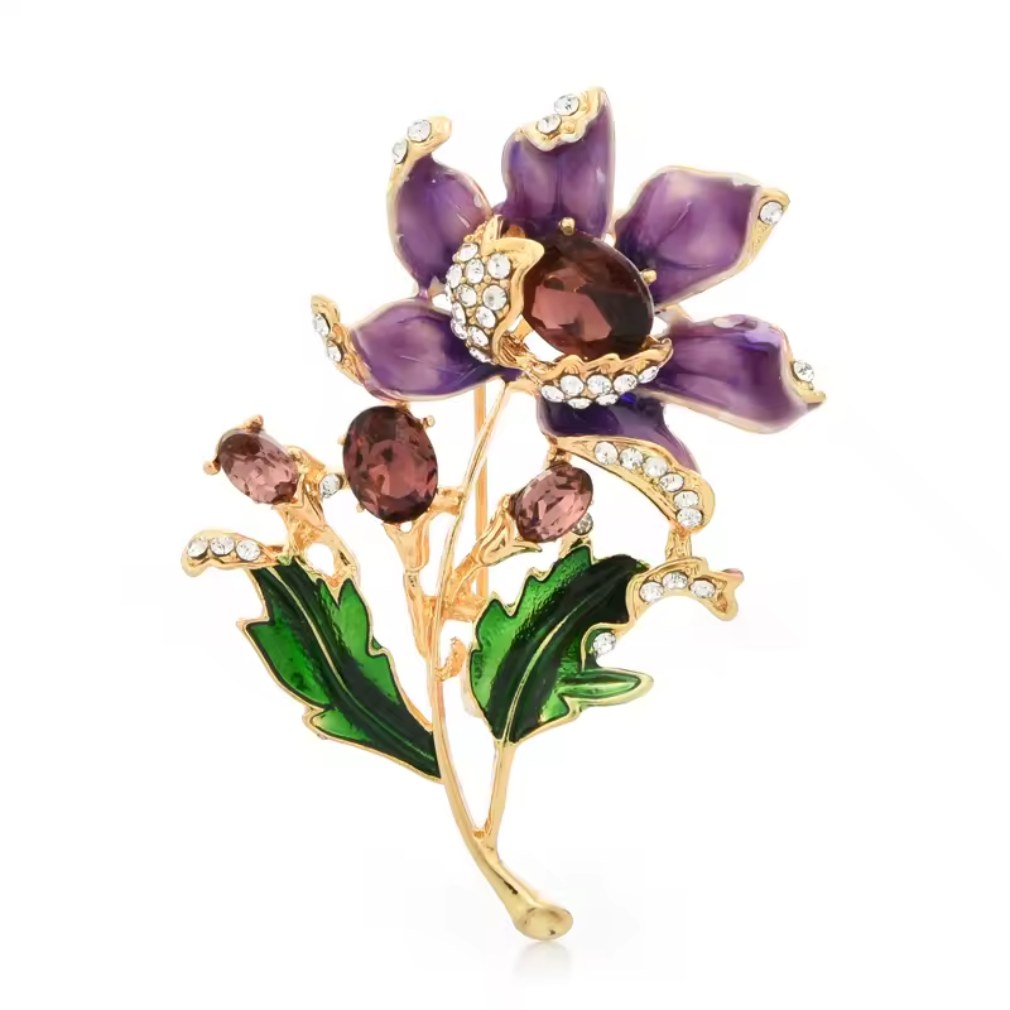 Vintage Blumenbrosche Lila – Kristall & Emaille