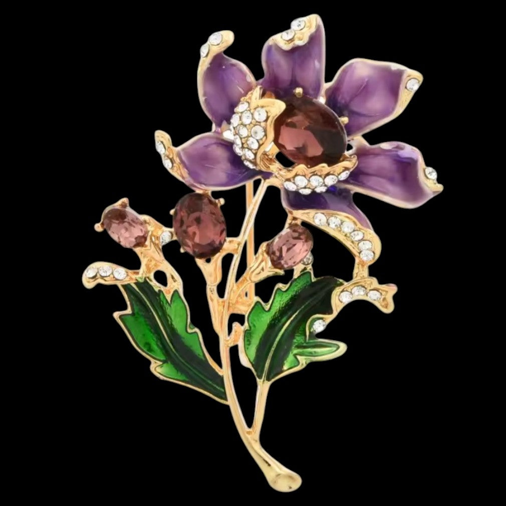 Vintage Blumenbrosche Lila – Kristall & Emaille