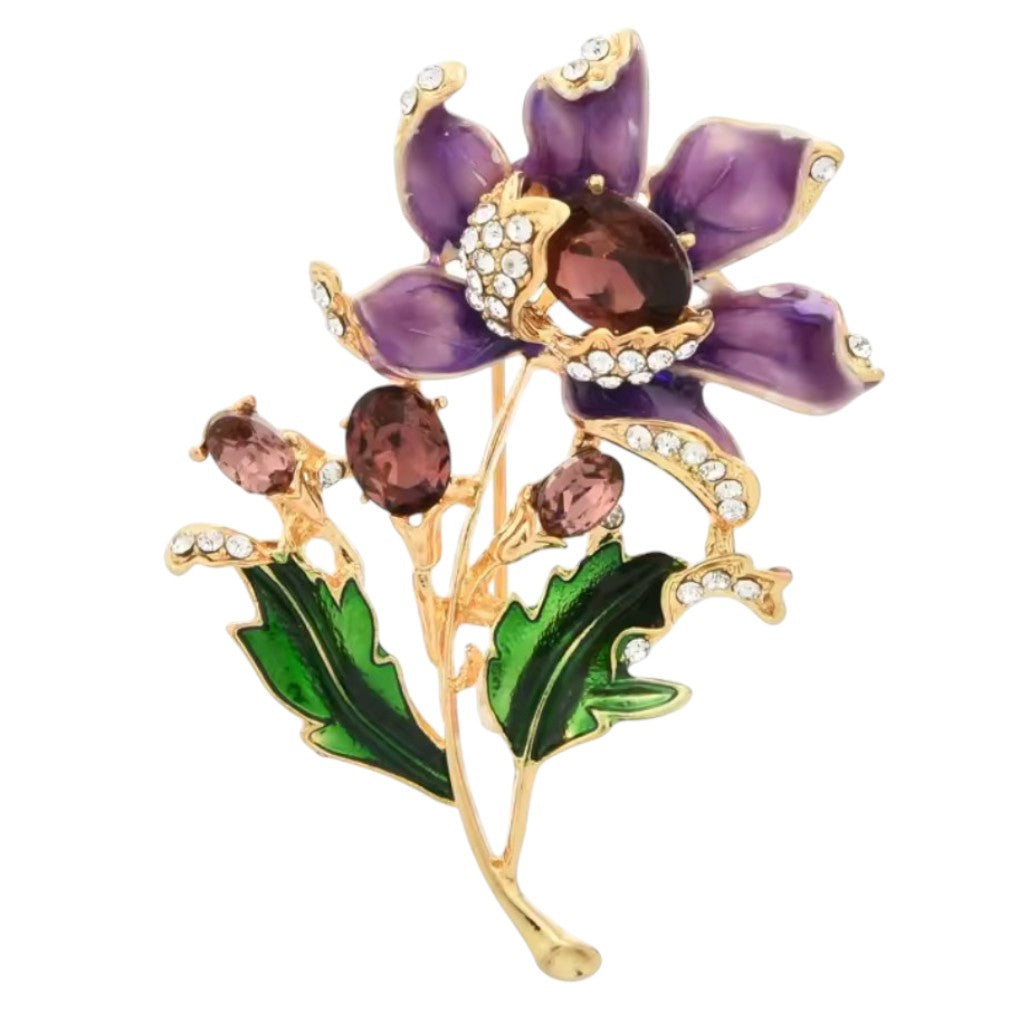 Vintage Blumenbrosche Lila – Kristall & Emaille