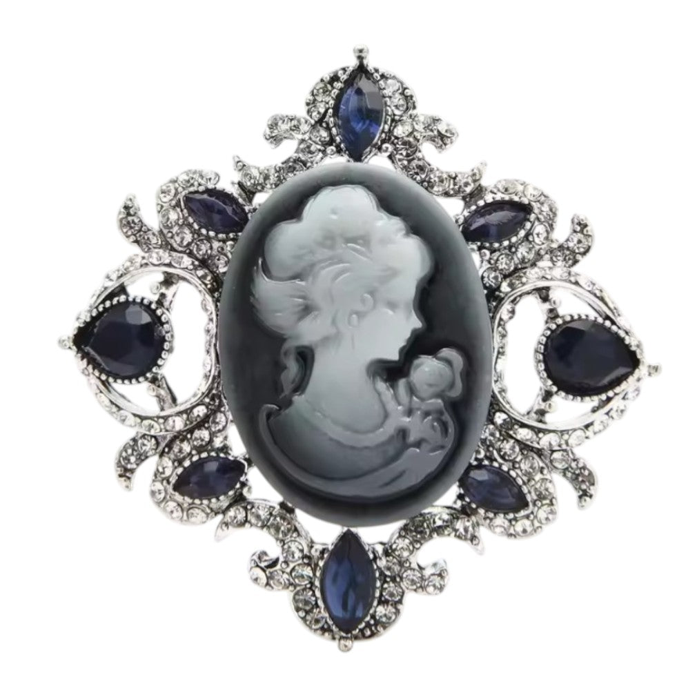 Vintage Modeschmuck Kamee-Brosche Silber mit blauen Steinen viktorianisch