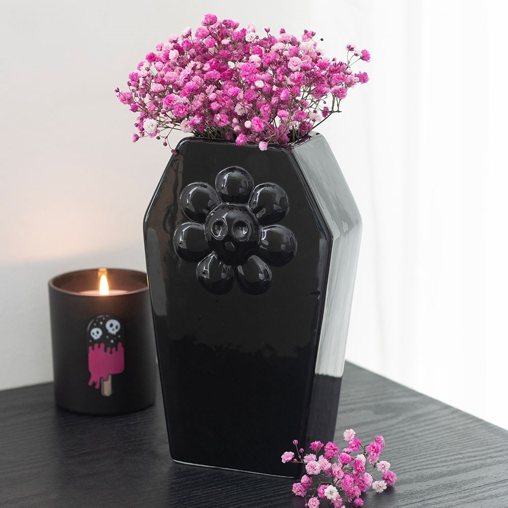 Schwarze Keramik Sargvase mit Totenkopfblumen-Relief Gothic