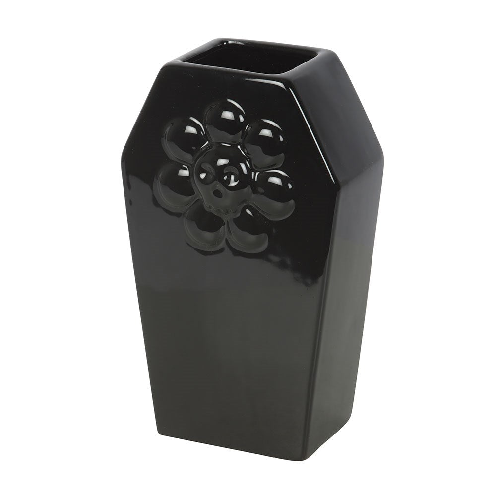 Schwarze Keramik Sargvase mit Totenkopfblumen-Relief Gothic