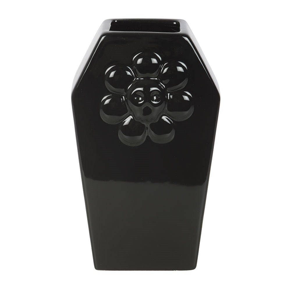 Schwarze Keramik Sargvase mit Totenkopfblumen-Relief Gothic