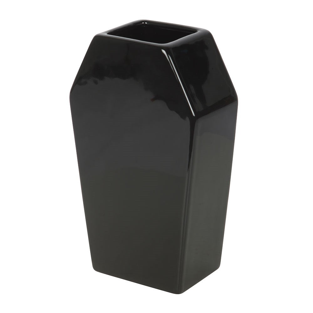 Schwarze Keramik Sargvase mit Totenkopfblumen-Relief Gothic