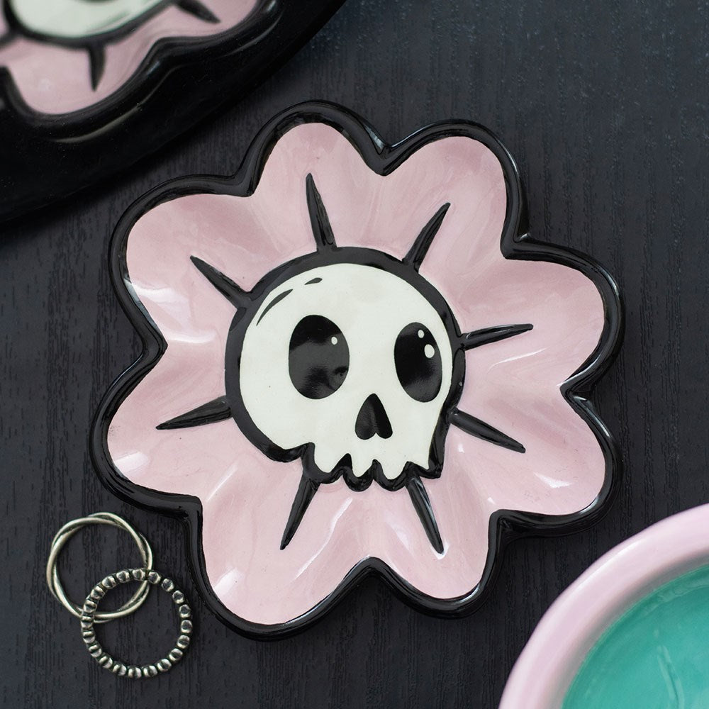 Gothic Anime Keramik Schmuckschale Blume mit Totenkopf Pink