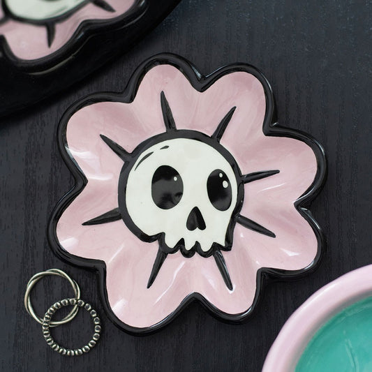 Gothic Anime Keramik Schmuckschale Blume mit Totenkopf Pink