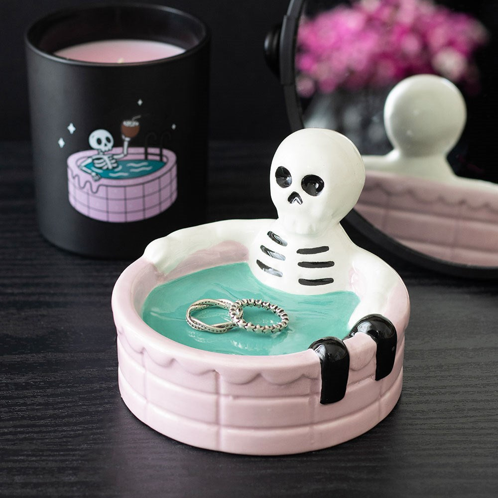 Keramik Schmuckschale Skelett in Badewanne Pink Gothic