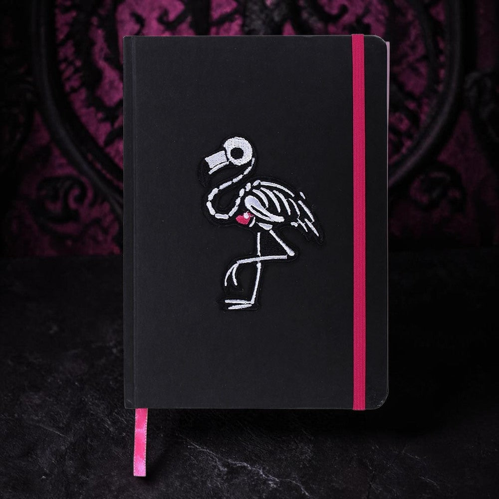 Notizbuch mit Flamingo-Skelett Stickerei Schwarz Pink Gothic