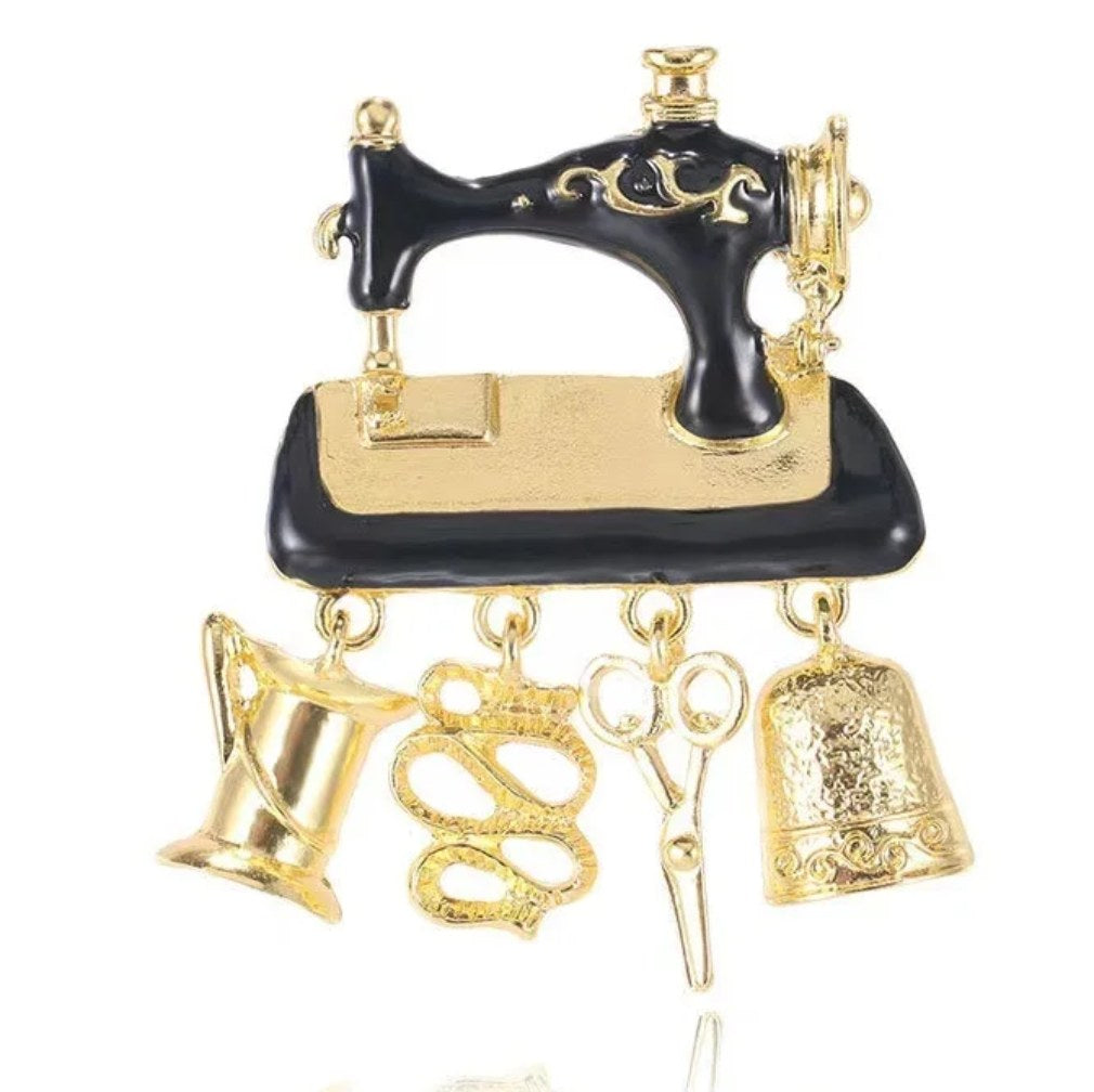 Nostalgische Brosche vintage Nähmaschine Singer schwarz-gold