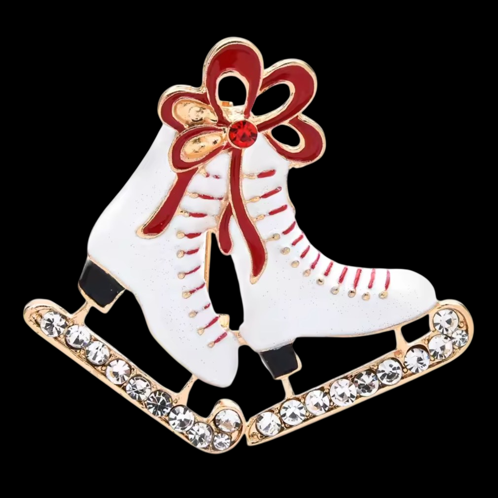 Romantische Schlittschuh-Brosche mit roter Schleife und Strass