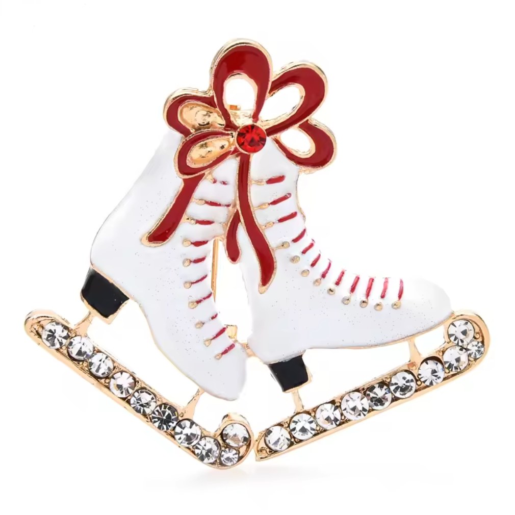 Romantische Schlittschuh-Brosche mit roter Schleife und Strass