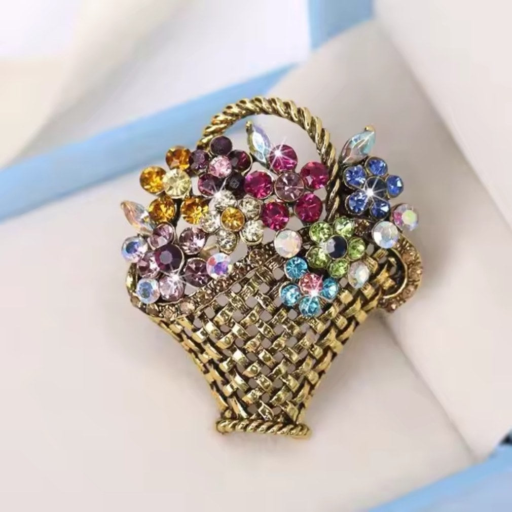 Prachtvolle Blumenkorb-Brosche mit buntem Strass - Vintage-Stil