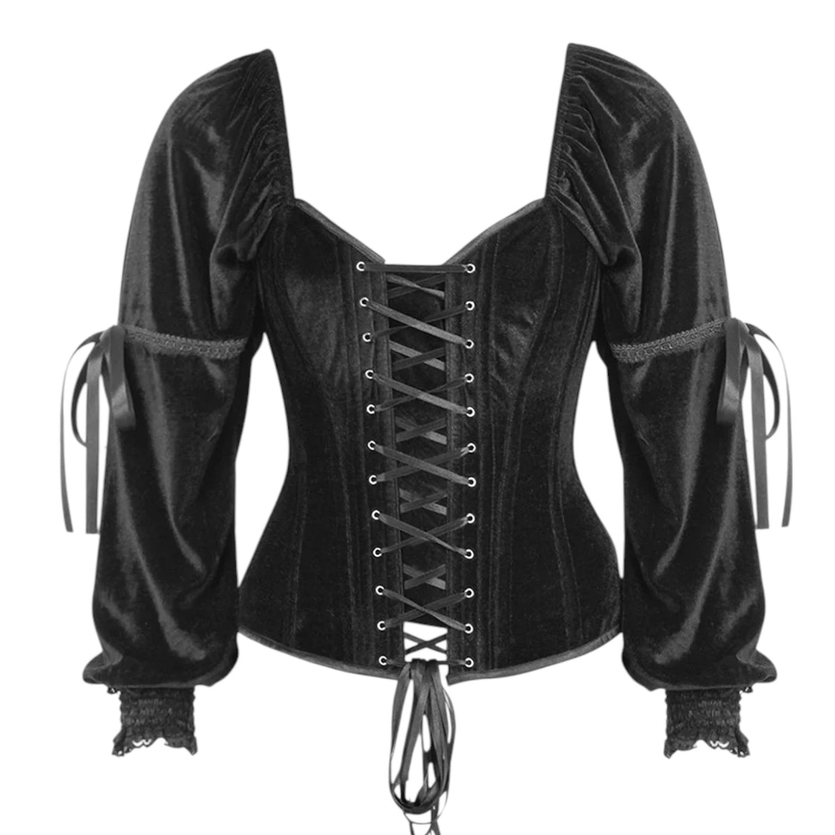 Gothic-Samt-Vollbrustkorsett schwarz mit Renaissance-Ärmeln