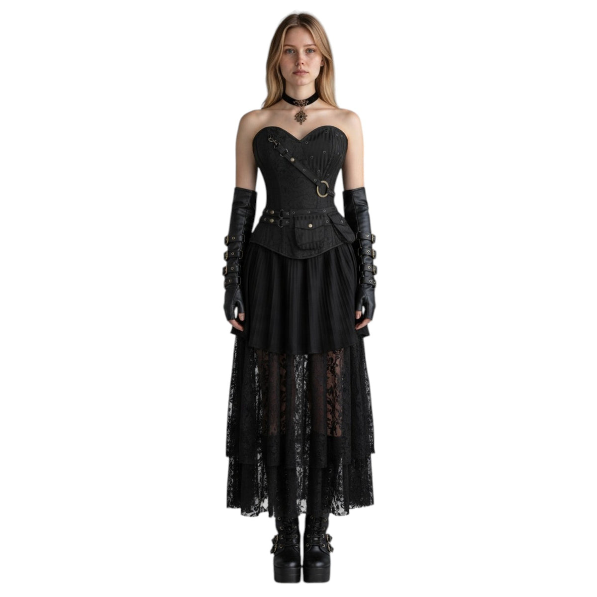 Steampunk-Vollbrustkorsett „Cheray“ schwarz mit Metalldetails