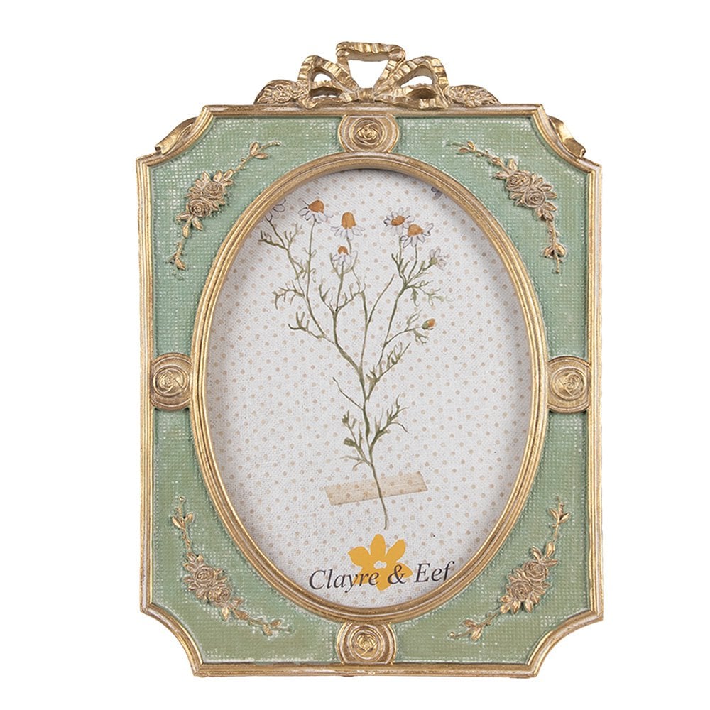 Prunkvoller Bilderrahmen grün-gold mit Rosen & Schleife 13 x 18 cm