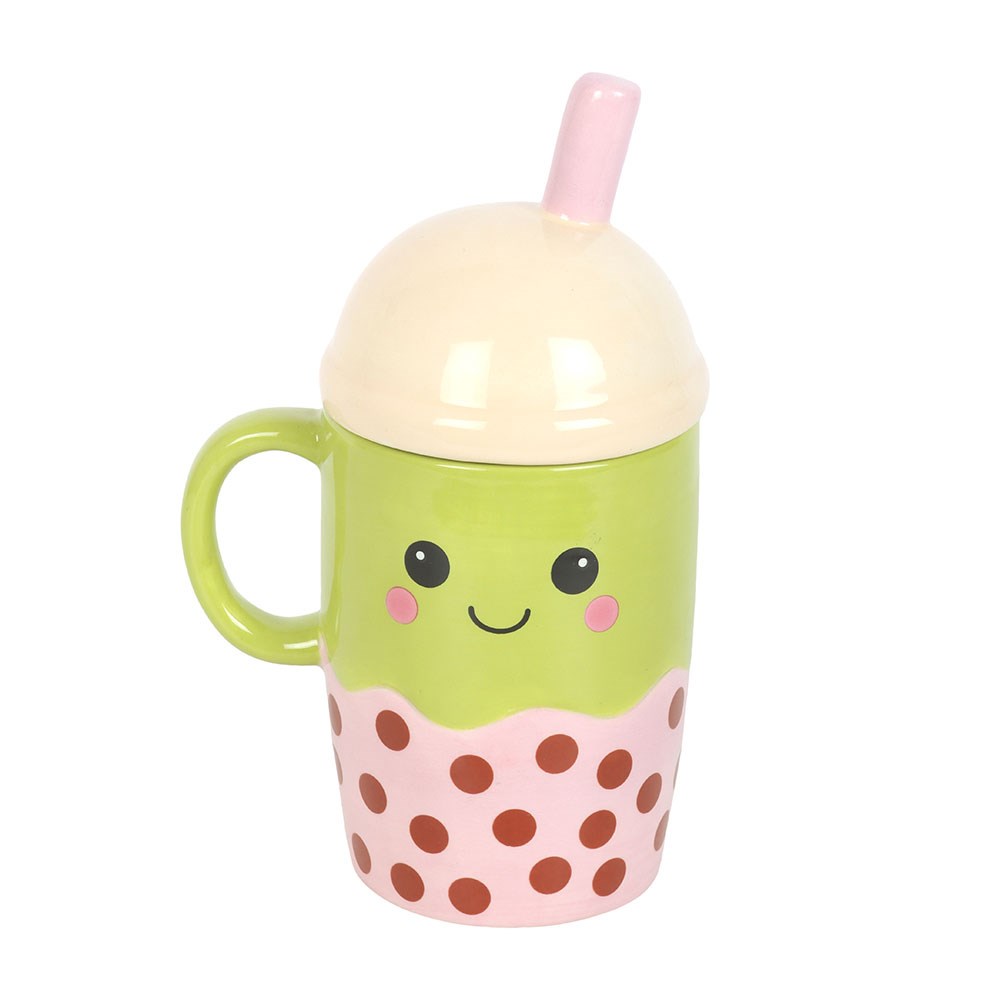 Bubble Tea Tasse mit Deckel - Kawaii Keramik Becher grün
