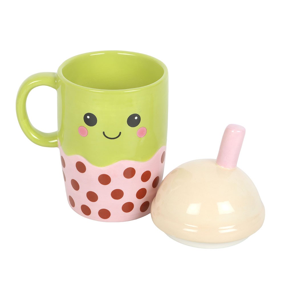 Bubble Tea Tasse mit Deckel - Kawaii Keramik Becher grün