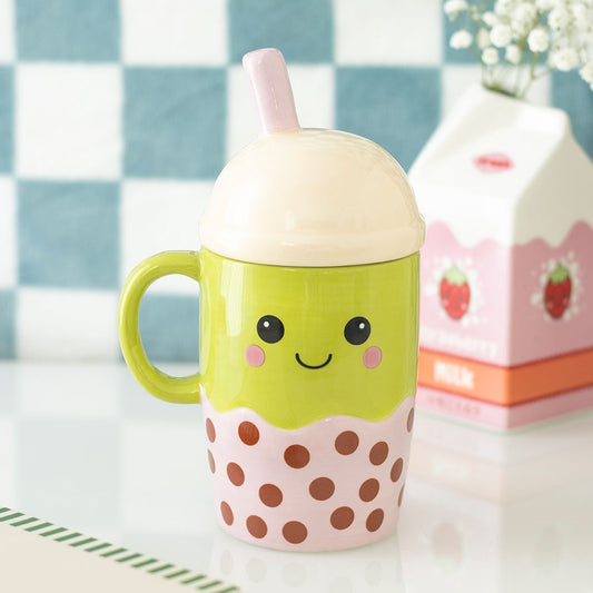 Bubble Tea Tasse mit Deckel - Kawaii Keramik Becher grün