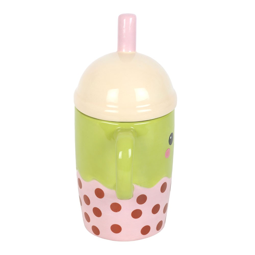 Bubble Tea Tasse mit Deckel - Kawaii Keramik Becher grün