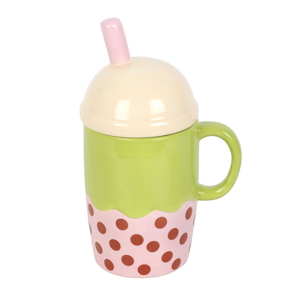 Bubble Tea Tasse mit Deckel - Kawaii Keramik Becher grün