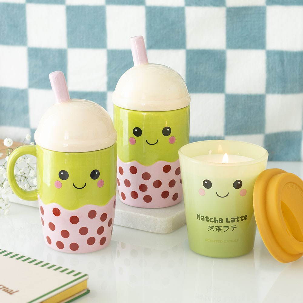 Bubble Tea Tasse mit Deckel - Kawaii Keramik Becher grün