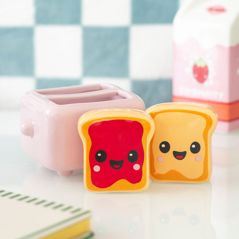 Kawaii Toast Salt and Pepper Shakers mit Toaster-Halter